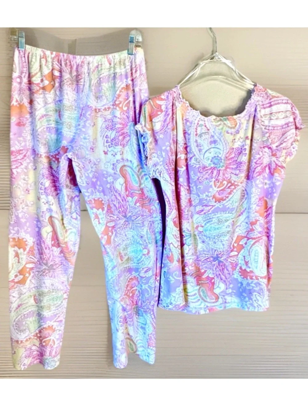 💜LAUREN RALPF LAUREN💜 PASTEL PAISLEY COTTON CAP SLEEVE LONG PANT PAJAMA SET EUC - Picture 4 of 12